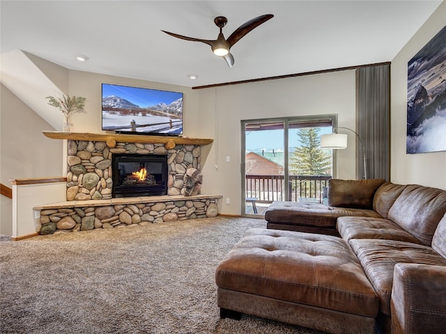 60 Lookout Ridge Dr, Dillon, CO 80435 - living room with baseboards, a ceiling fan, carpet, and a fireplace