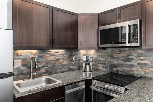22174 US Highway 6 Unit 7, Keystone, CO 80435 - kitchen with stainless steel appliances, dark brown cabinetry, backsplash, and dark stone countertops