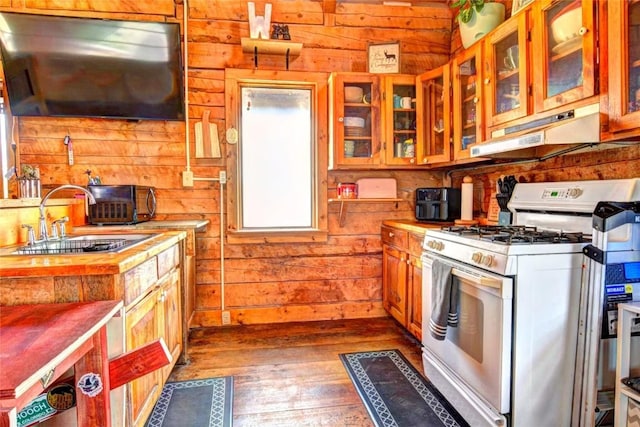 262 Swandyke Ct, Jefferson, CO 80456 - kitchen with white gas range, wood walls, extractor fan, under cabinet range hood, and dark wood-style floors