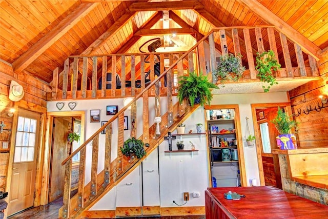 262 Swandyke Ct, Jefferson, CO 80456 - stairs with a wood ceiling with exposed beams and high vaulted ceiling