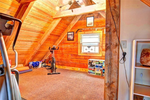 262 Swandyke Ct, Jefferson, CO 80456 - exercise area with wood ceiling, lofted ceiling, wooden walls, and carpet flooring