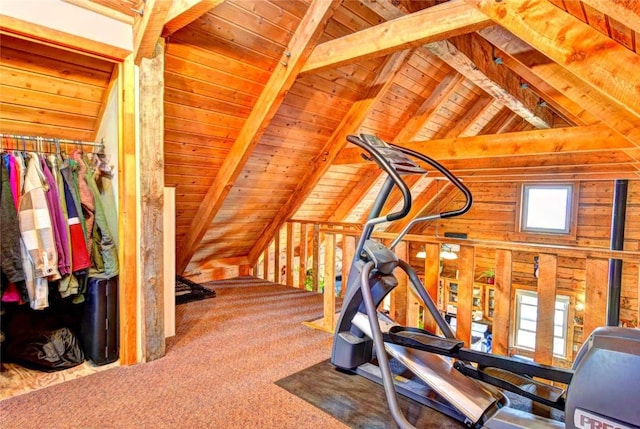 262 Swandyke Ct, Jefferson, CO 80456 - exercise area featuring wood ceiling, lofted ceiling, carpet floors, and wood walls