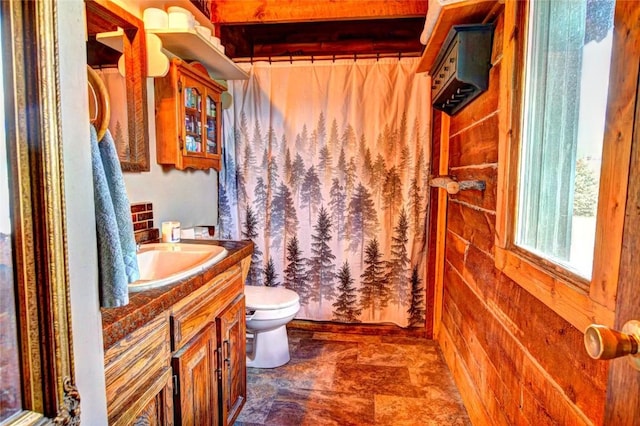 262 Swandyke Ct, Jefferson, CO 80456 - bathroom with vanity, stone finish floors, and wood walls