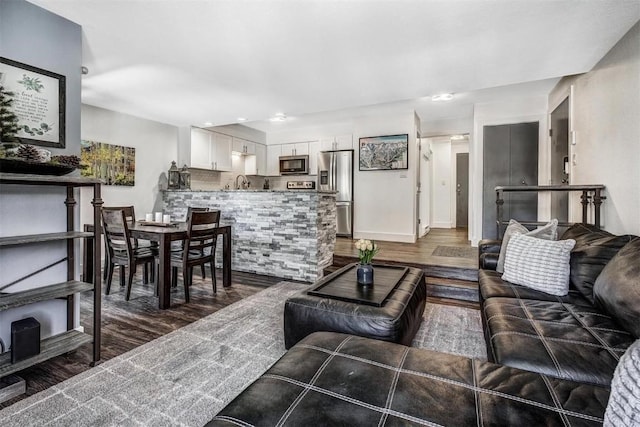 living area with baseboards and dark wood-style floors