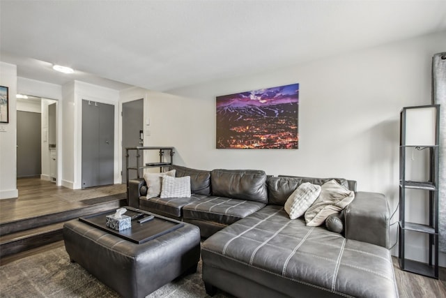 living room with baseboards and wood finished floors
