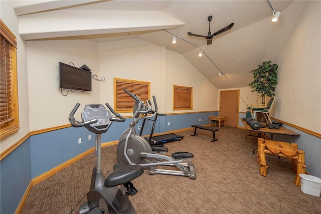 22714 US Highway 6 Unit 5958, Keystone, CO 80435 - workout area featuring vaulted ceiling, a ceiling fan, carpet, baseboards, and track lighting