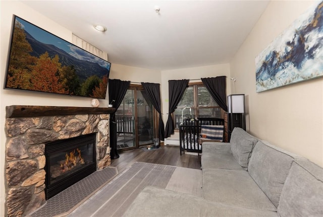 22714 US Highway 6 Unit 5958, Keystone, CO 80435 - living area with wood finished floors, a fireplace, and baseboard heating