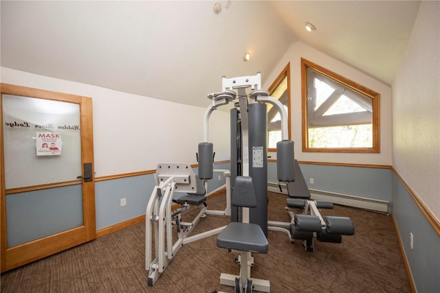 22714 US Highway 6 Unit 5958, Keystone, CO 80435 - exercise area featuring vaulted ceiling, carpet, baseboard heating, and baseboards