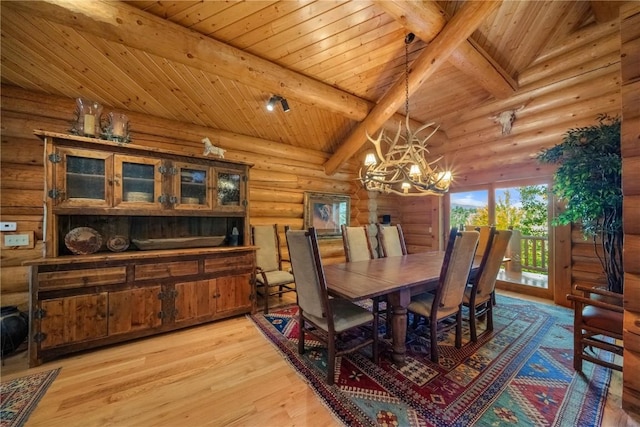 dining area with light wood finished floors, beam ceiling, wood ceiling, log walls, and a notable chandelier