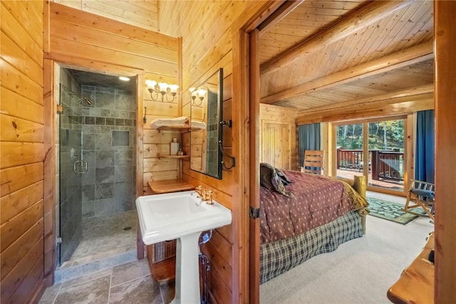 bedroom with wood ceiling, wooden walls, access to outside, and beamed ceiling