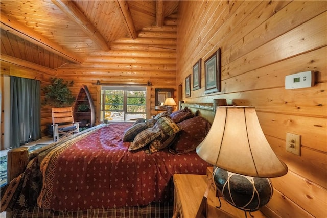 bedroom featuring wood ceiling, rustic walls, and beamed ceiling