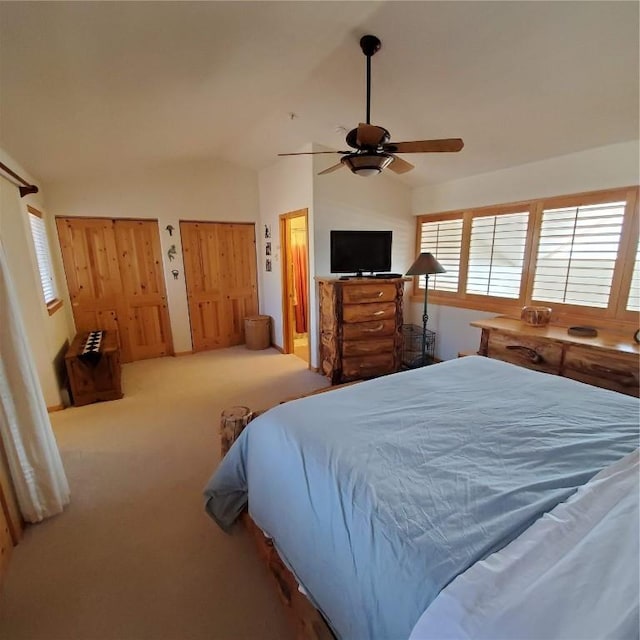 91399 Ryan Gulch Rd Unit B3, Silverthorne, CO 80498 - bedroom with lofted ceiling, carpet flooring, two closets, and ceiling fan