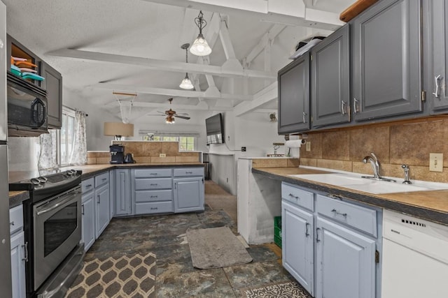 21490 2nd Ave, Milner, CO 80487 - kitchen with black microwave, electric stove, white dishwasher, a sink, and a ceiling fan