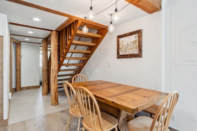 dining area with recessed lighting, stairs, and baseboards