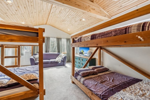 bedroom featuring carpet floors, recessed lighting, wood ceiling, and vaulted ceiling