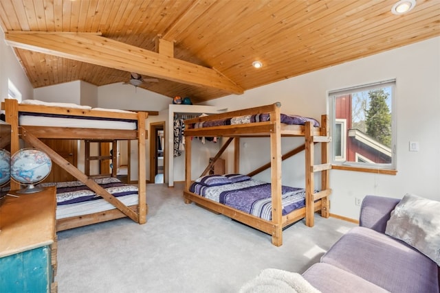 bedroom with wood ceiling, baseboards, carpet floors, lofted ceiling with beams, and recessed lighting