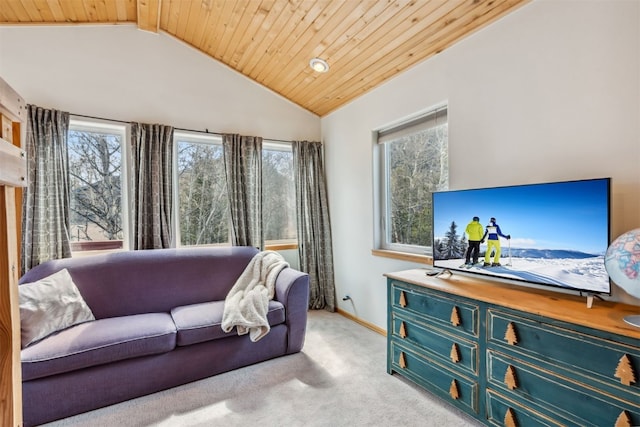 living room with wood ceiling, vaulted ceiling, and a healthy amount of sunlight