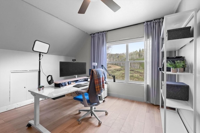 57680 Saturn Ct, Clark, CO 80428 - office space featuring lofted ceiling, wood finished floors, baseboards, and ceiling fan