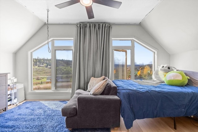 57680 Saturn Ct, Clark, CO 80428 - bedroom featuring lofted ceiling, wood finished floors, multiple windows, and a ceiling fan