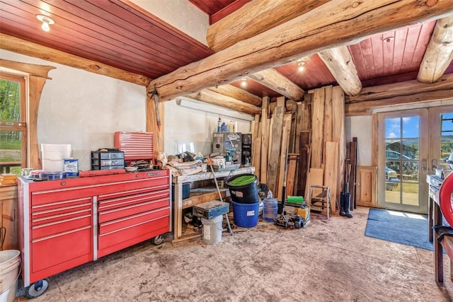 61020 County Road 129, Hahns Peak, CO 80428 - misc room with wood ceiling, beamed ceiling, and french doors