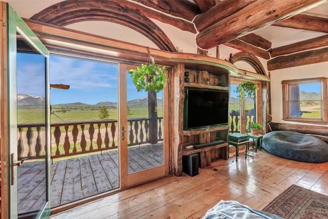 61020 County Road 129, Hahns Peak, CO 80428 - living area featuring plenty of natural light, hardwood / wood-style floors, and beamed ceiling