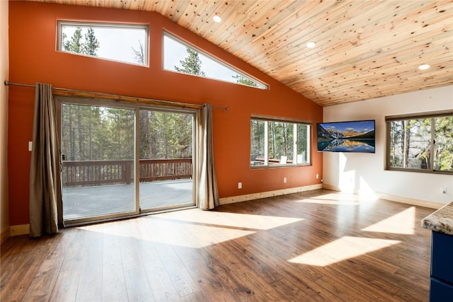 interior space with high vaulted ceiling, baseboards, wood finished floors, and plenty of natural light