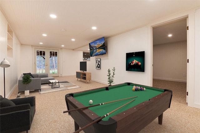 rec room with baseboards, recessed lighting, billiards, and carpet flooring