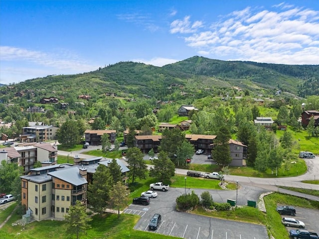 drone / aerial view featuring a mountain view