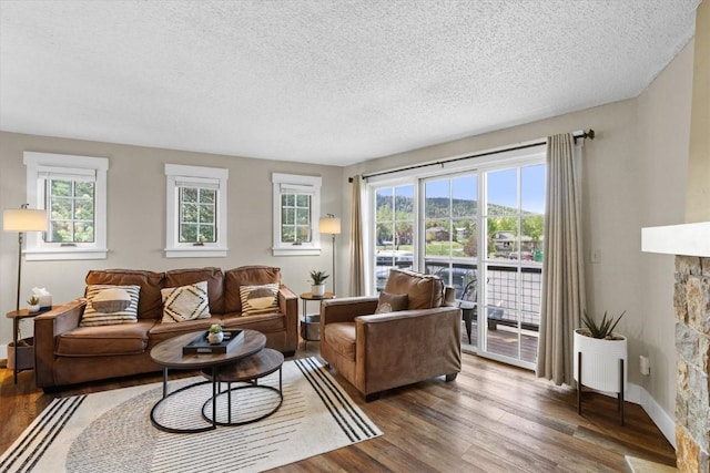 living room with baseboards, a fireplace, wood finished floors, and a textured ceiling