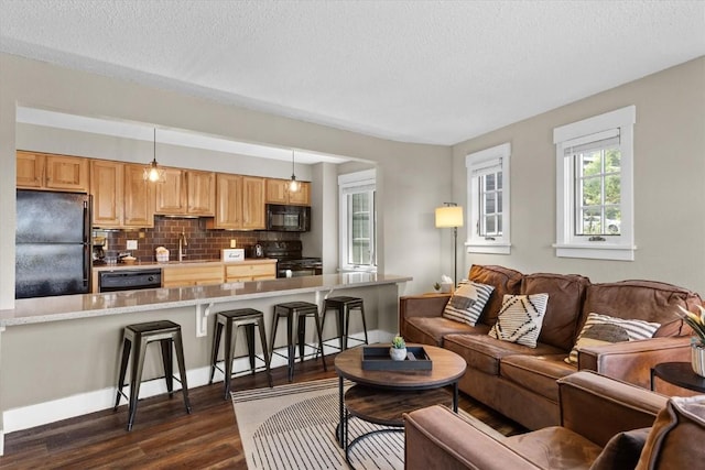 living room featuring dark wood-style flooring, baseboards, and a textured ceiling