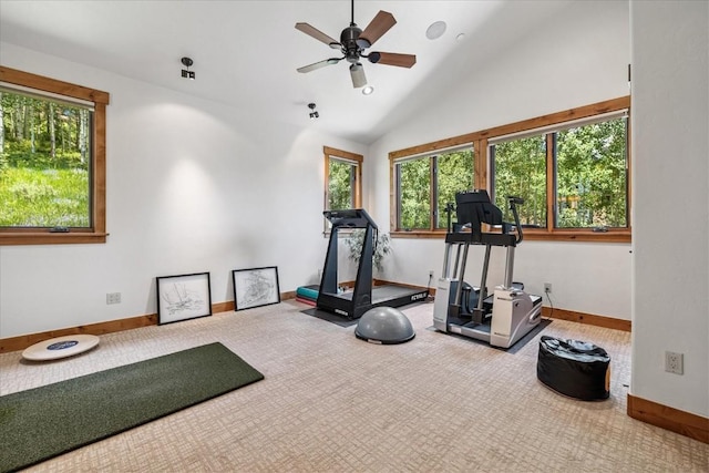 240 Two Cabins Dr, Silverthorne, CO 80498 - workout area with vaulted ceiling, a ceiling fan, and carpet floors