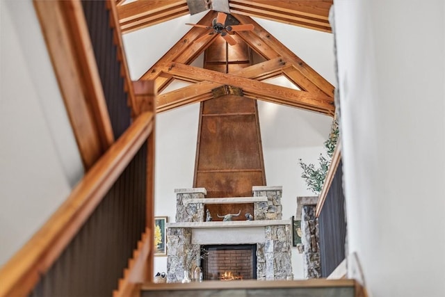 240 Two Cabins Dr, Silverthorne, CO 80498 - staircase featuring ceiling fan and a stone fireplace
