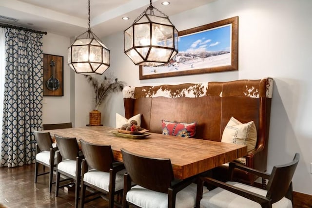 dining area featuring visible vents, recessed lighting, and dark wood-style floors