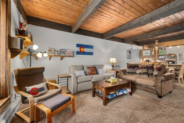 2470 Apres Ski Way Unit 103, Steamboat Springs, CO 80487 - living area featuring carpet flooring and wood ceiling with exposed beams