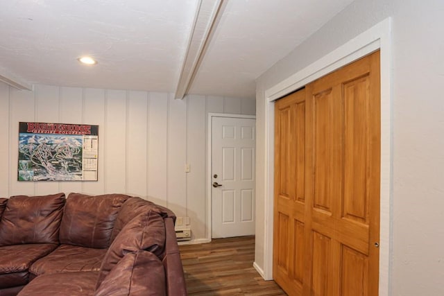 805 Columbine Rd Unit 105, Breckenridge, CO 80424 - living room featuring recessed lighting, wood finished floors, and beam ceiling