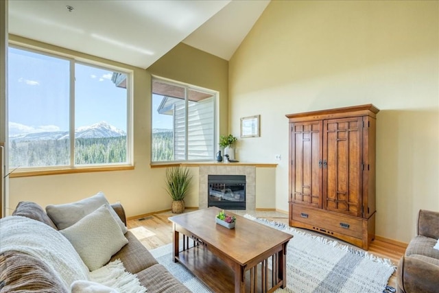 81 Cydney Ln Unit 81A, Silverthorne, CO 80498 - living room with light wood-style flooring, high vaulted ceiling, a tile fireplace, and baseboards