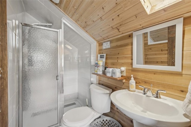 114 N French St, Breckenridge, CO 80424 - bathroom featuring a sink, wood ceiling, a stall shower, toilet, and wooden walls