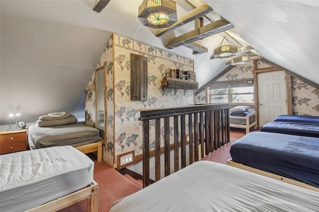 114 N French St, Breckenridge, CO 80424 - bedroom with lofted ceiling, wallpapered walls, and carpet flooring