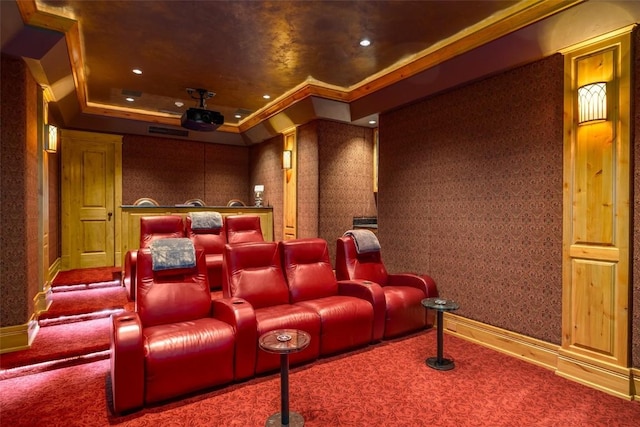 33800 Catamount Dr, Steamboat Springs, CO 80487 - carpeted home theater with baseboards, crown molding, and recessed lighting
