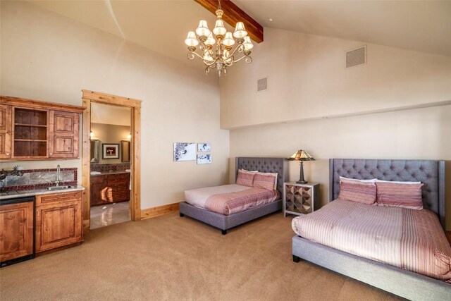 33800 Catamount Dr, Steamboat Springs, CO 80487 - bedroom featuring light carpet, high vaulted ceiling, beam ceiling, a chandelier, and a sink