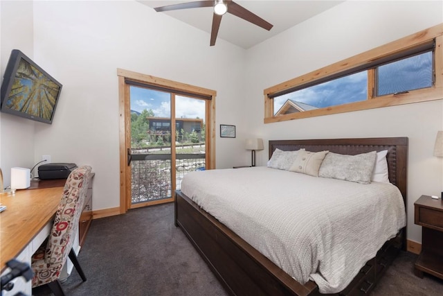 22 Vernon Way, Silverthorne, CO 80498 - bedroom with dark colored carpet, access to outside, an office area, and a ceiling fan