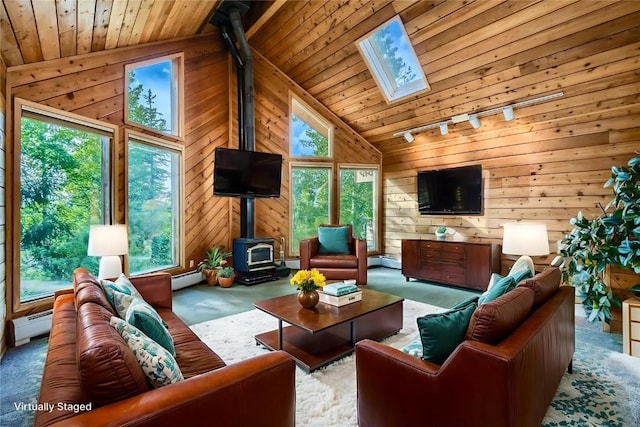 134 Hideaway Ct, Dillon, CO 80435 - living area featuring a wood stove, lofted ceiling, wood ceiling, wooden walls, and a skylight