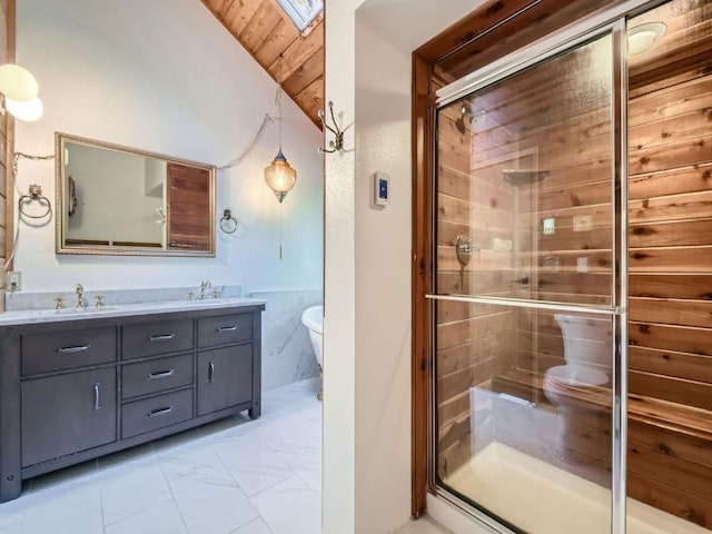 134 Hideaway Ct, Dillon, CO 80435 - full bathroom featuring a sauna / steam room, double vanity, marble look tile flooring, a stall shower, and lofted ceiling