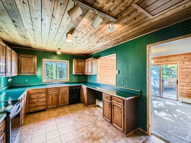 134 Hideaway Ct, Dillon, CO 80435 - kitchen featuring dishwasher, stainless steel range with electric stovetop, brown cabinetry, a baseboard radiator, and wooden ceiling