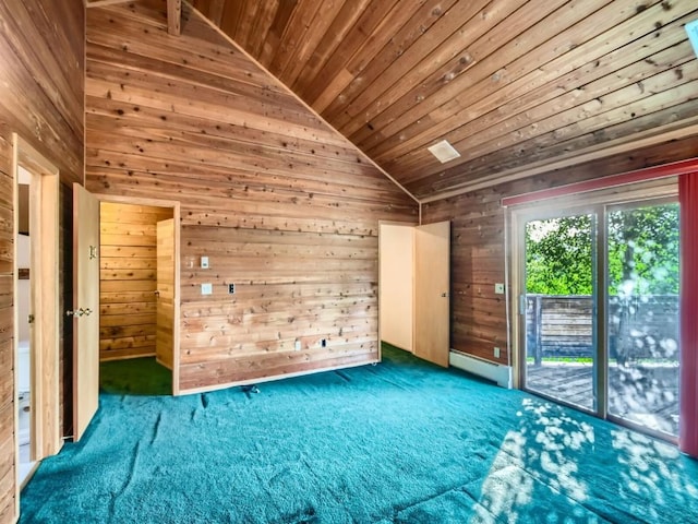 134 Hideaway Ct, Dillon, CO 80435 - carpeted spare room with wood ceiling, wood walls, high vaulted ceiling, and baseboard heating