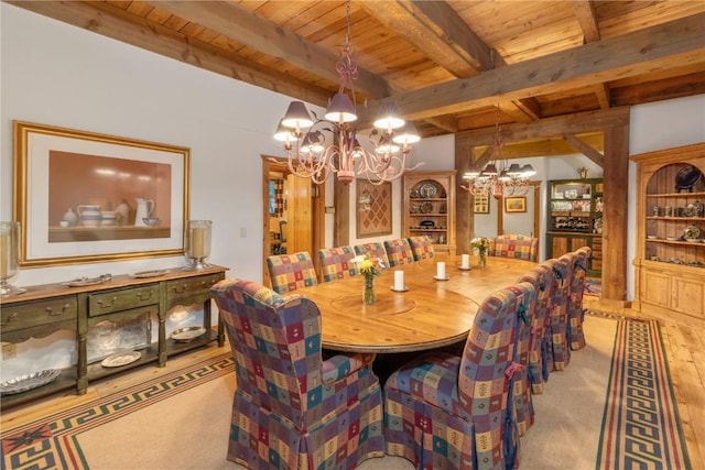34074 Fruitland Mesa Rd, Crawford, CO 81415 - dining room with wood ceiling, carpet floors, a chandelier, and beamed ceiling