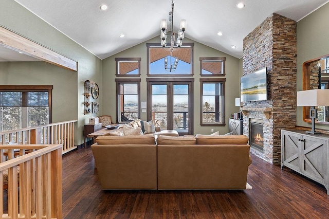 740 Cirrus Way, Granby, CO 80446 - living area with a fireplace, high vaulted ceiling, dark wood-style floors, and recessed lighting