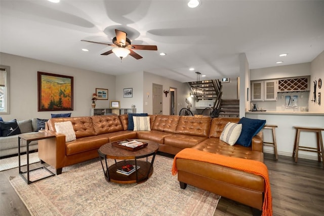 2315 Ski Trail Ln Unit 4, Steamboat Springs, CO 80487 - living room with stairway, wood finished floors, recessed lighting, and ceiling fan