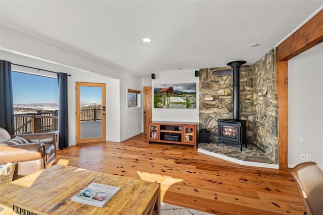 living room with a wood stove and hardwood / wood-style floors