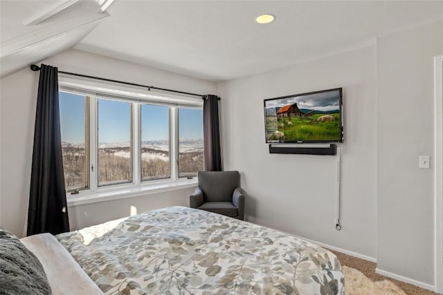 carpeted bedroom featuring vaulted ceiling